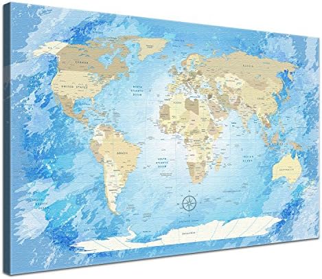 LanaKK - Canvas Picture on Stretcher Frame - Pre-Framed - 100 x 70 cm - World Map with Frozen-Sea Effect by LanaKK