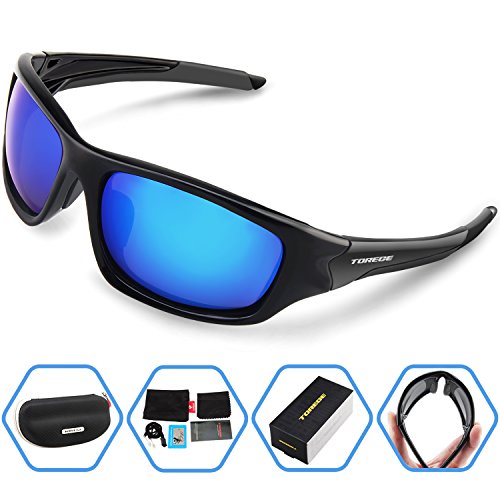 Torege Polarized Sports Sunglasses For Cycling Running Fishing Golf TR90 Unbreakable Frame TR011 (Black&Blue)