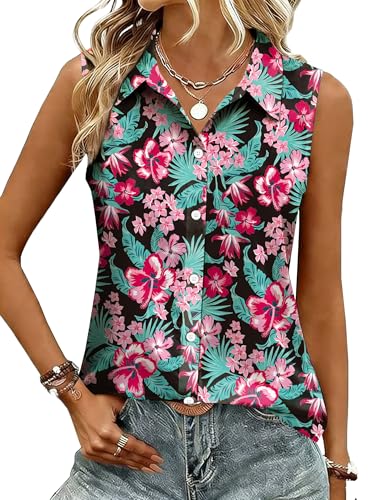 Hawaiian Shirts for Women Floral Sleeveless Summer Tank Top Button Down Shirt Hawaii Tropical Beach Tops Flower-Black at Amazon