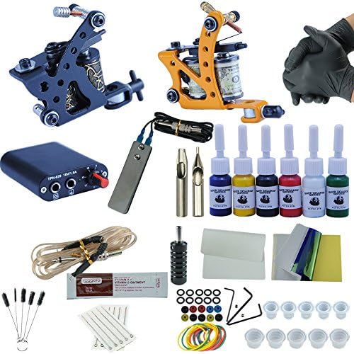 Wanna 2 Tattoo Machines 6 Colors Ink Power Supplies Box Grips Body Arts Supplies Needles Tips Tattoo Beginner Kits