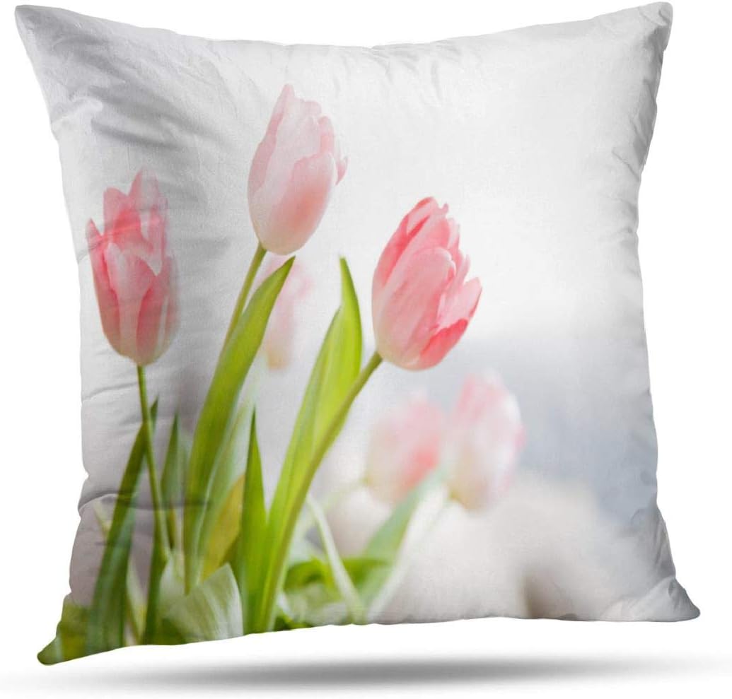 KJONG Outdoor Patio Pink Tulip Flower Zippered Pillow Cover, 20 x 20 Inch Square Decorative Throw Pillow Case Fashion Style Cushion Covers 2 Sides Print