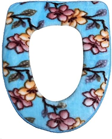 Soft & Comfy Flannel Toilet Lid & Tank Cover Toilet Seat Cushion Toilet Mat Pad Bathroom Warmer,Peach Blossom in Blue