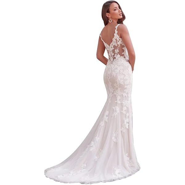 Amazon.com: Alanre Sweetheart Lace Mermaid Crystal Belt Wedding Dresses for  Bride Chapel Train Ivory 2 : Clothing, Shoes & Jewelry