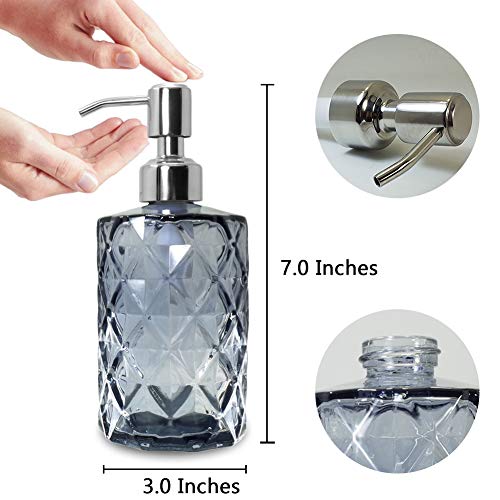 JASAI Diamond Design Glass Soap Dispenser with 304 Rust Proof Stainless Steel Soap Pump, Clear Glass 12 Oz Kitchen Soap Dispenser for Bathroom Accessories, Countertop (Clear Grey)