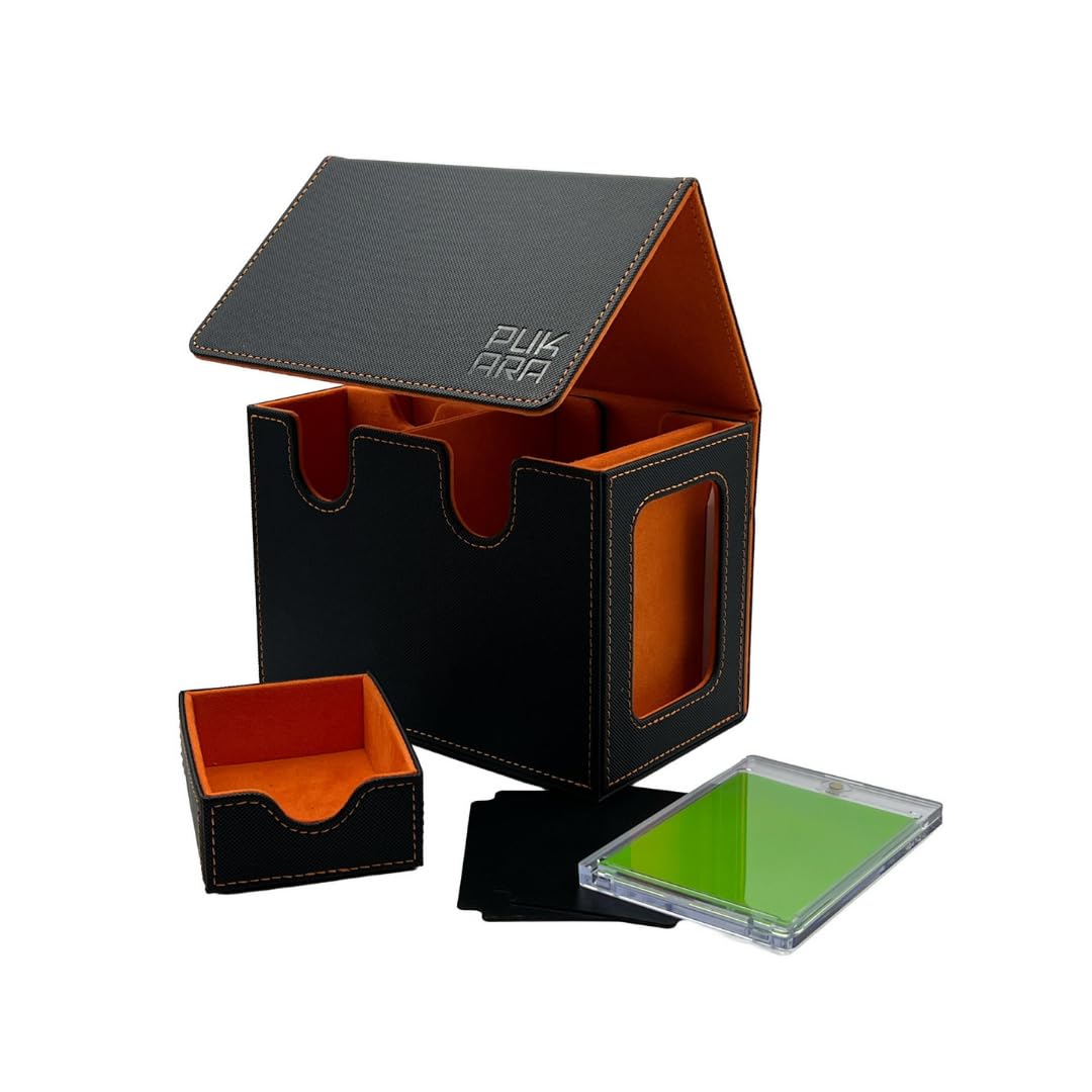 PUKARA Commander Card Deck Box for MTG. Card Storage with Magnetic Closure, MTG Deck Box, Includes 100 Card Sleeves, Dividers, Dice and Tokens Tray, 35PT Card Holder (Black and Orange)