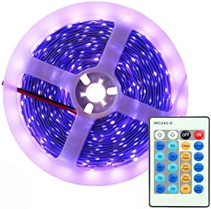 AMARS 3528 BlackLight UV LED Lights Strip with Remote Control Kit 16.4Ft/5M 395nm-405nm Black Light Fixtures for DJ, Party, 3D Print, UV Body Paints (Dimmable, 12V 2A Power Supply Included)