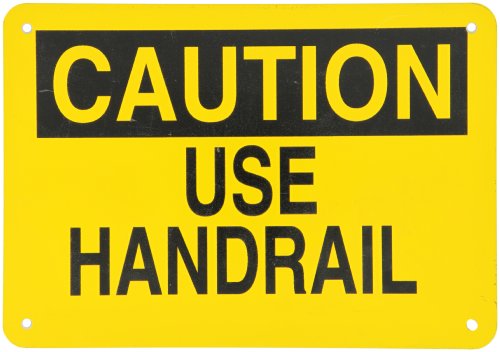 Brady 43185 10" Width x 7" Height B-555 Aluminum, Black on Yellow Fall Protection Sign, Header "Caution", Legend "Use Hand Rail"