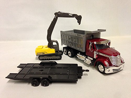 INTERNATIONAL LONESTAR, DUMP TRUCK w/EXCAVATOR 1:43 SCALE 18" DIECAST NEW RAY TOYS #16623 RED