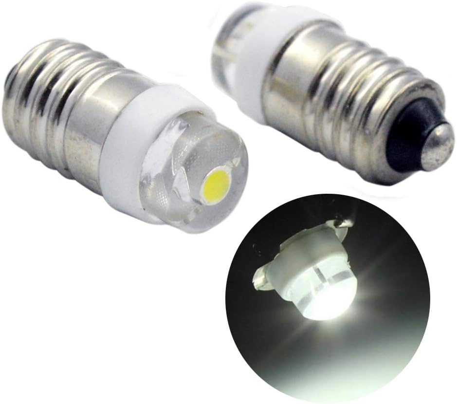 Ruiandsion 2pcs E10 LED Bulb DC 6-12V 0.5W 6000K White 100LM LED Bulb for Torchlight Flashlight Torch Headlight,Negative Earth
