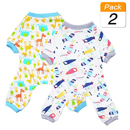 2-Pack Pet Clothes Puppy Cute Pajamas Dogs Cotton Rompers Cats Jumpsuits Cosy Apparel Dog Shirt Small Canine Costumes, Plane & Giraffe L