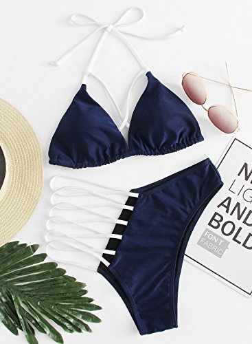 SOLYHUX Women's Sexy Halter Ladder Cutout Brazilian 2PCS Bikini Set Swimsuits Navy L - Thumbnail 4