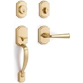 SORWDUERM Front Door Handles and Deadbolt Brushed Gold Entry | Brass Lock and Key Reversible Lever Exterior Way Door Handleset Single Cylinder