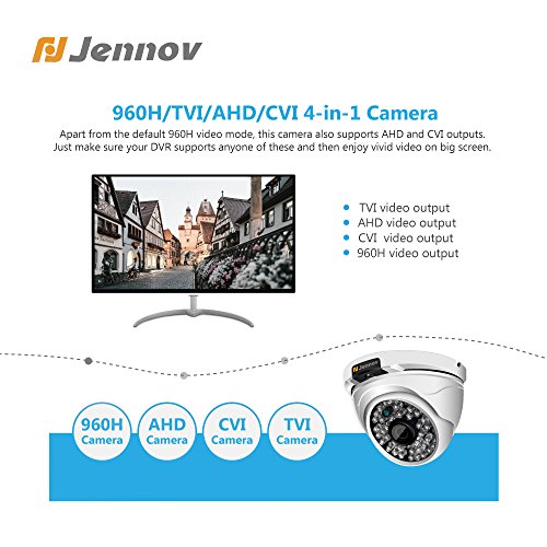 Jennov 1080P Hybrid CCTV Surveillance Dome Camera 4 in 1 HD TVI/CVI/AHD/960H CVBS Indoor/Outdoor IP66 Waterproof Day Night Vision IR Cut Security Camera