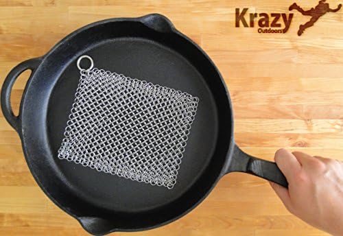 Stainless Steel Chainmail Scrubber - Cast Iron Cleaner - XL 8 X 6 inches - 316 Highest Grade Stainless - Safe and Easy for Cast Iron Pans &amp; Cookware - by Krazy Outdoors