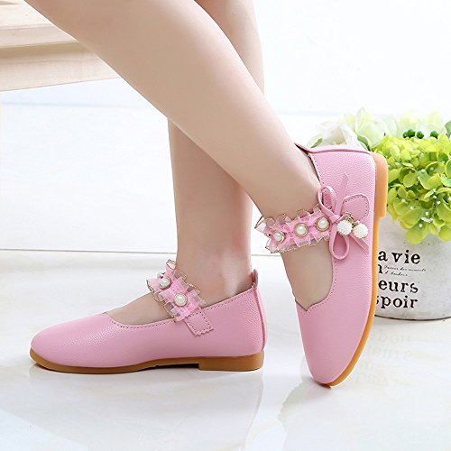 Tantisy ♣↭♣ Girls Princess Shoes // Kids Fashion Elegant Pearl Lace Single Shoes Leather Soft Casual Shoes Dancing Shoes Pink