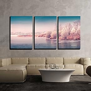 3 Piece Canvas Wall Art - Panorama of The Frozen Pond in The City Park. Instagram Toning. - Modern Home Art Stretched and Framed Ready to Hang - 16"x24"x3 Panels