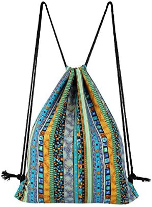 Takity Cotton Canvas Drawstring Backpack, Lightweight Bohemia Hippie Bucket Bag,Both Side Gymsack,Travel Bags