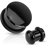 Pierced Owl - Black Agate Natural Stone Domed Single Flared Plugs with Black O Ring, Sold as a Pair