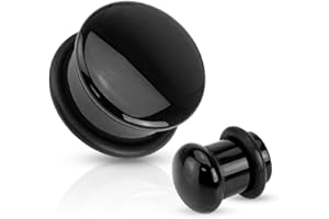 Pierced Owl Black Agate Natural Stone Domed Single Flared Plugs with Black O Ring, Sold as a Pair