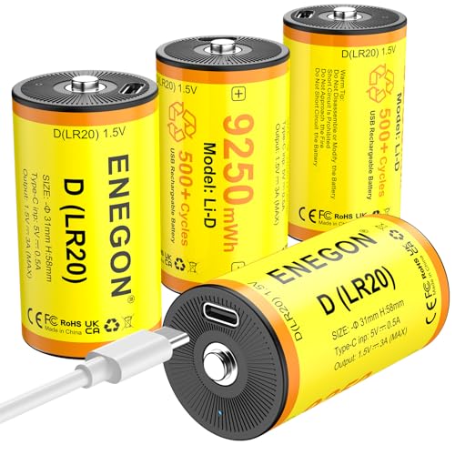 ENEGON 4Pack Rechargeable Lithium D Battery 1.5V 9250mWh, 4 High Capacity D Batteries with Type-C Charging Cable, Low Self-Discharge, fits for R20 /LR20.