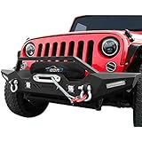 oEdRo Front Bumper, Compatible for 2007-2018 Jeep Wrangler JK Unlimited, Rock Crawler Bumper with Winch Plate 4 x LED Lights & 2 x D-Rings