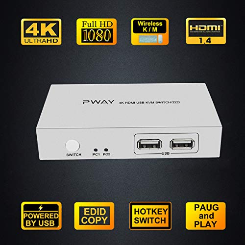 AAO 2 Port HDMI KVM Switch 2x1, UHD 4K@30Hz, Powered by USB, Compatible with Windows Mac Linux, Support Normal Wireless Keyboard and Mouse, Sliver, with 2 HDMI and USB Cables