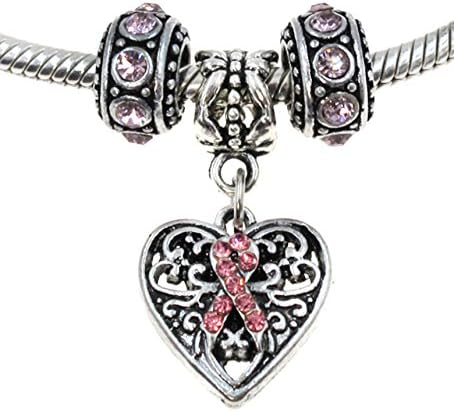 Best Wing Jewelry Pink Ribbon Breast Cancer Awareness Set Charm Bead (3 Pcs)