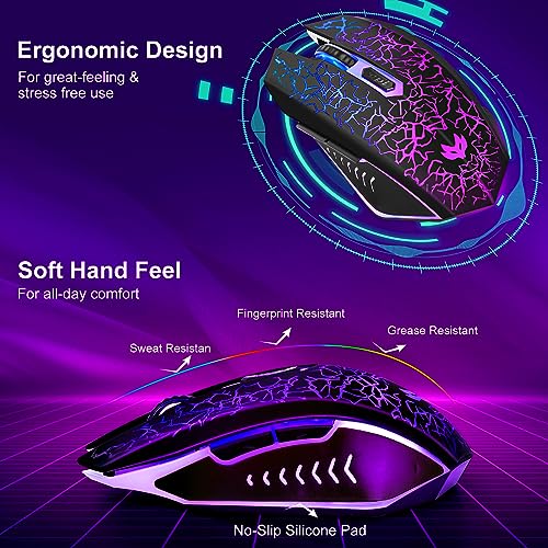 Wireless Gaming Mouse, Rechargeable Wireless Computer Mouse, 7-Color LED Light, Ergonomic Mouse with 6 Silent Click Buttons, 3 Adjustable 2400 DPI Wireless Mouse for Laptop,PC,Mac, Black