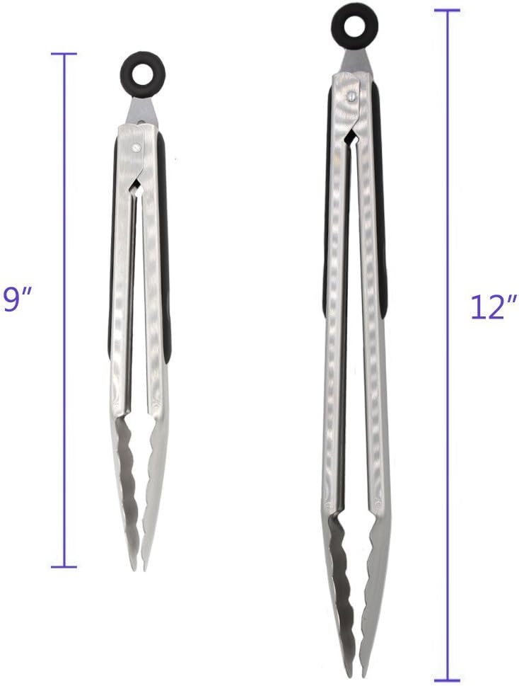 304 Stainless Steel Kitchen Cooking Tongs, 9" and 12" Set of 2 Sturdy Grilling Barbeque Brushed Locking Food Tongs with Ergonomic Grip, Black : Garden & Outdoor