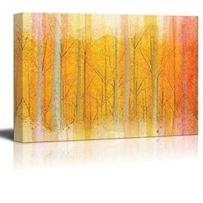 Watercolored Field of Birch Trees on an Orange...