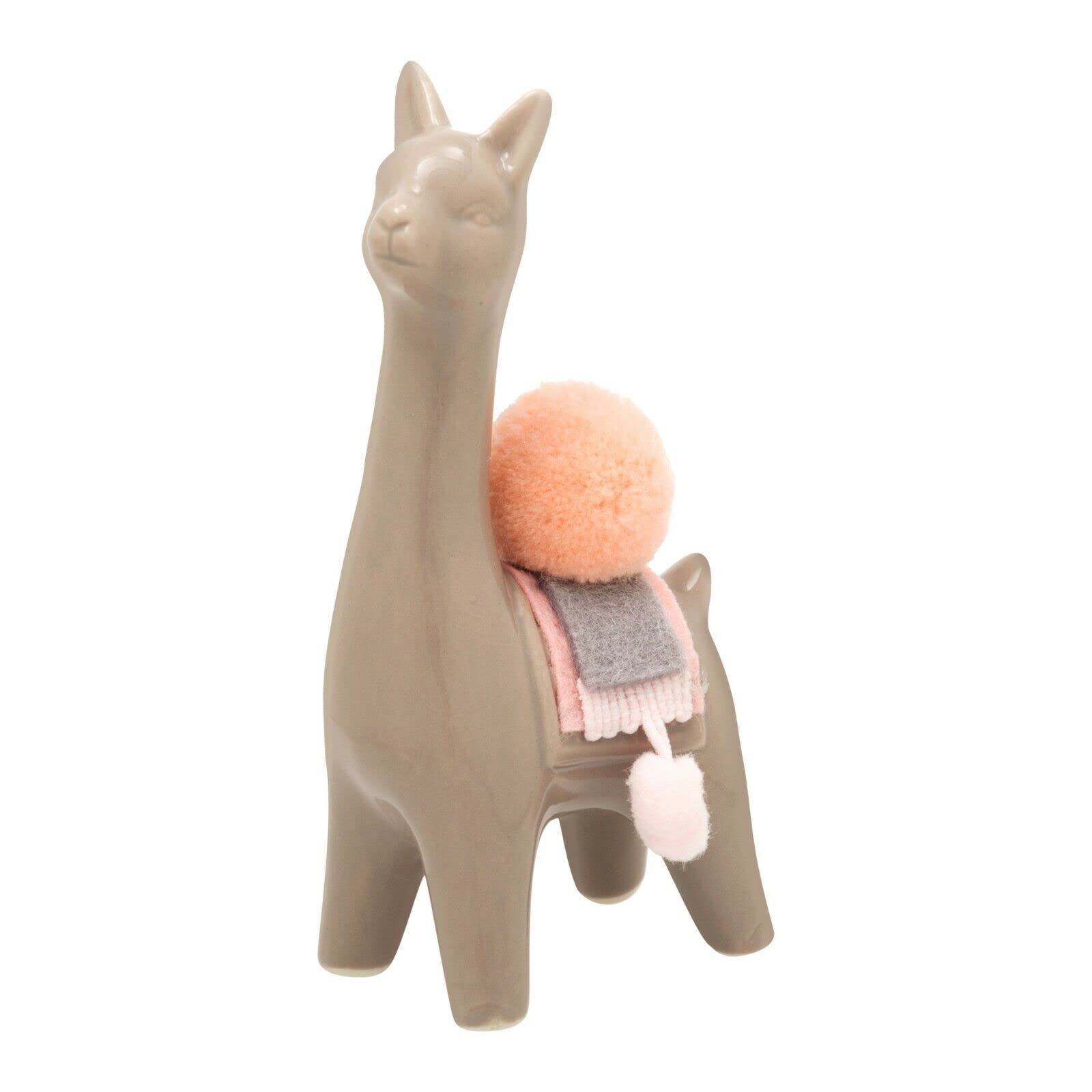 Kusso Grey Llama Alpaca Statue Ornament Ceramic with Pink Felt and Pom Pom Detail for Bedroom Living Room Office