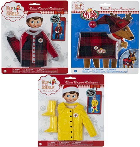 Elf on the Shelf Claus Couture Clothing: Fa-La-La Footies Pajamas, Fa-La-La Reindeer Pajamas and Yellow Raincoat