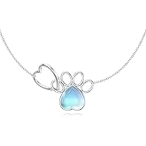 OUTANG Paw Print Necklace for Women 925 Sterling Silver Moonstone Pet Cat Dog Paw Pendant Moonstone Heart Necklace Jewelry for Mom Wife