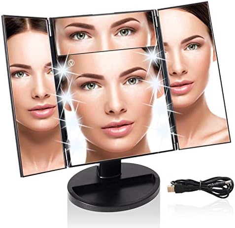 Makeup Vanity Mirror with Lights, Tri-fold Lighted Vanity Mirror with 8 LED Lights, Touch Screen, 1X/5X Magnification, 180° Adjustable Rotation and Dual Power Supply Tabletop Cosmetic Mirror