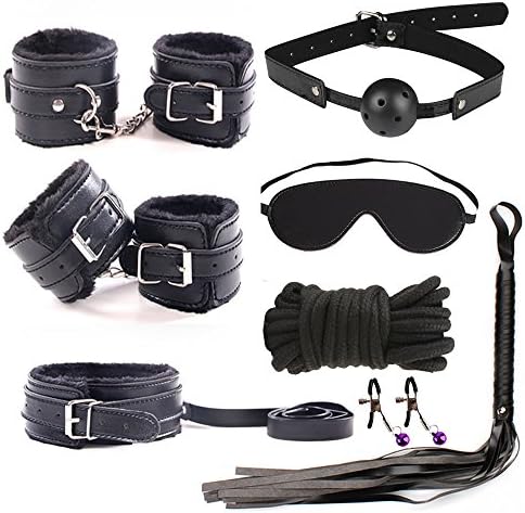 7PCS Under Bed Restraints System with Adjustable Wrists Restraints Foot and Leather Eye Mask ,Rope Restraints Bondage with Rivets Whip and Ball Gag for love