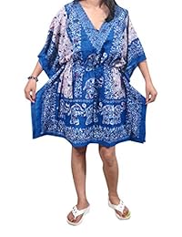 Mogul Women's tunic Kaftan Elephant Row Printed Caftan Beach Cover up One Size