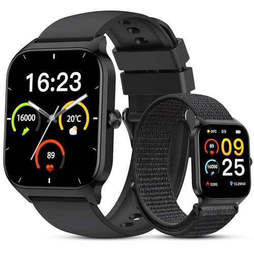 HUSEYTA Reloj Inteligente Hombre Mujer con Llamadas Bluetooth, Smartwatch 1.83" IPX8, Pulsera Actividad con Pulsómetro, Sueño, Compatible iPhone Android Negro(2 Correas: Silicona + Tejida)