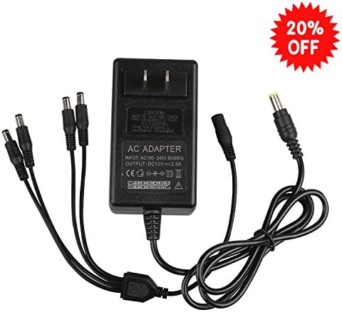 HISRAY Security Camera Power Supply Adapter 12V 2.5A 100V-240V AC To DC 2.1x5.5mm With 4-Way Power Splitter Cable -Fits CCTV Camera Video Surveillance System