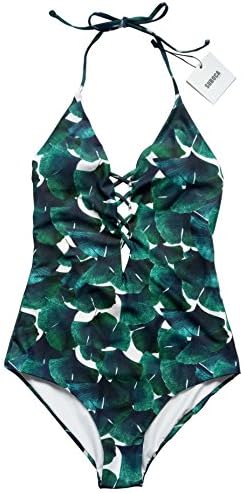 SUBOCA Women's One Piece Green Leaf Floral Swimsuit Bathing Suit Reversible Criss Cross Halter Swimwear S