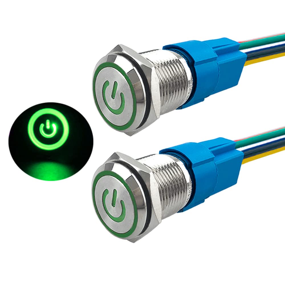 Aiqeer 2 Pcs 16 mm Self-locking Latching Push Button Switch, 12V / 24V 5A Car Ignition Starter Switch, IP67 Waterproof Stainless Steel Push Button Switch, with Pre-Wired Socket (Green LED)