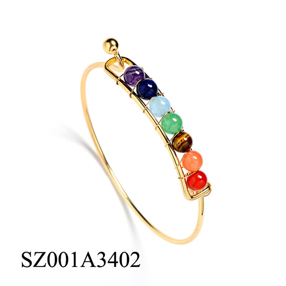 Coco Fashion 7 Chakra Bangle for women with Natural Gemstone for Health, Silvery and Golden Surface (Gold)
