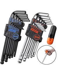 Dicfeos Juego de llaves hexagonales hexagonales, SAE juego de llaves hexagonales de brazo largo métrico, juego de llaves hexagonales de grado industrial, sin bonificación, mango en T, acero S2 (26 piezas)