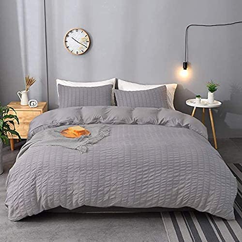 Seersucker Duvet Cover with Pillow Cases Silver Grey Bedding Bed Set 100% Cotton Waffle Quilt Covers Double King Super King Size (Silver, Double)