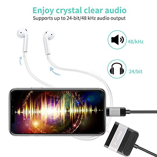 iPhone Lightning Adapter & Splitter, P-JING Headphone Audio & Charge Adapter Cable with Dual Lightning Ports for iPhone 7/ 8/ X Plus and iOS 10 11 (Black) …