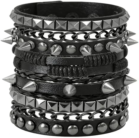 Amazon.com: JAZTAKU Black Gothic Punk Skull Star Leather Bracelet