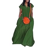 UOOZEE Women's Summer Short Sleeve V Neck Tiered Maxi Dress Flowy Loose Fit 2025 Boho Beach Dress with Pockets