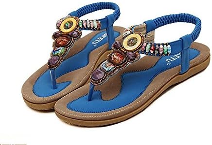 Women's Shoe Crystal Beads Thong Ankle Strap Flip Flops Jelly Flat Sandal (8 B(M) US/39EU, Retro Blue)