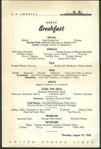 United States Lines S S America Early Breakfast Menu 8 17 1950 At