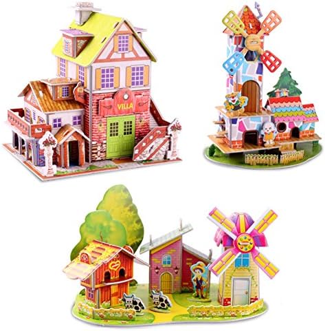 Vanvakeny Creative Children DIY Puzzle Toy Foam Paper 3D Puzzle France Villa Windmill Model Toy for Kids, 3 Piece