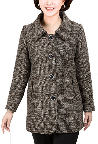 Plaid&Plain Women's Winter Mid Long Turn Down Collar Wool Tweed Jacket Coat Brown L